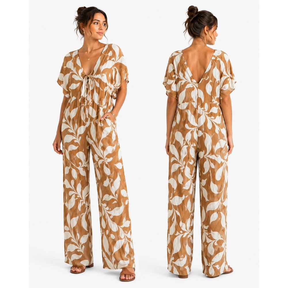 Anewsta‎ Wide Leg Jumpsuit Womens XL Tan White Leaf Print V-Neck Boho Tropical